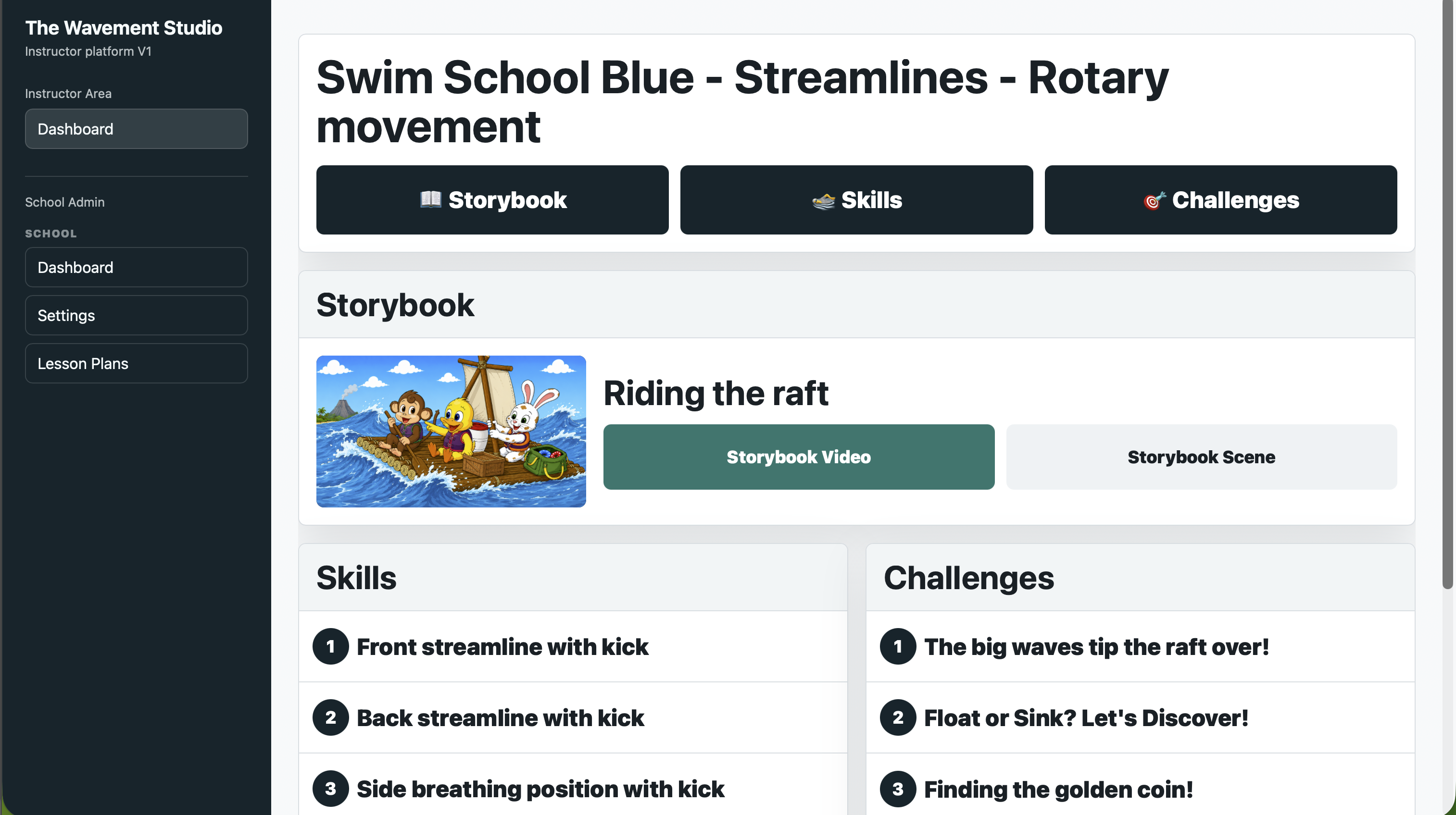 Studio lesson dashboard showing Storybook, Skills and Challenges